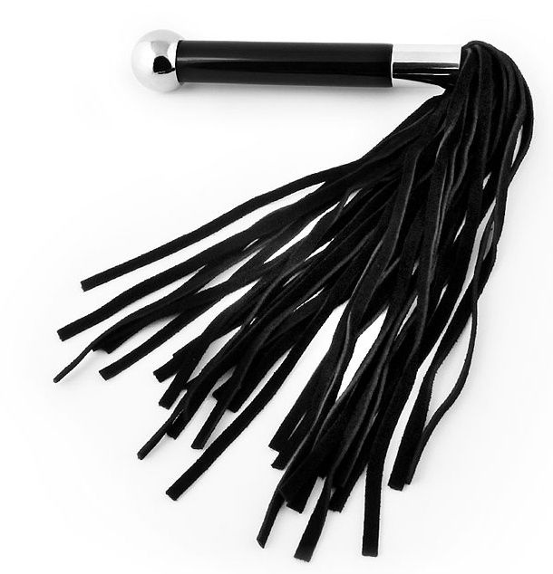Черная многохвостая плетка с круглой ручкой с шариком на конце - 39 см. купить в секс шопе