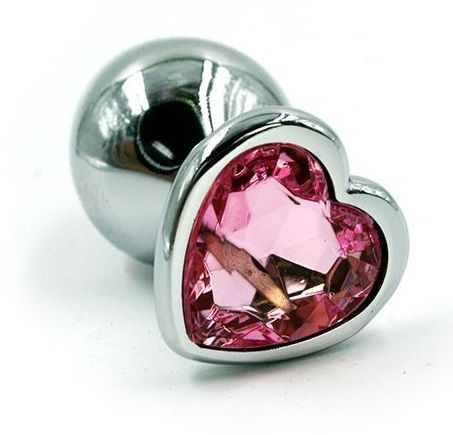 Серебристая анальная пробка с розовым кристаллом-сердцем - 6 см. купить в секс шопе