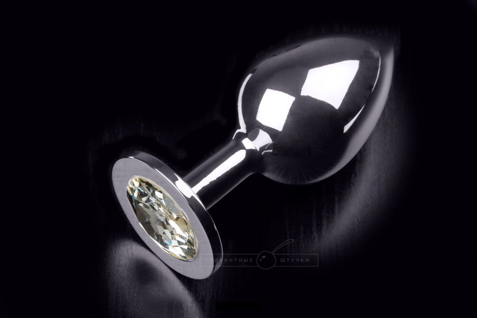 Большая серебристая анальная пробка с круглым кончиком и прозрачным кристаллом - 9 см. купить в секс шопе