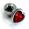 Серебристая анальная пробка с красным кристаллом-сердцем - 7 см. купить в секс шопе