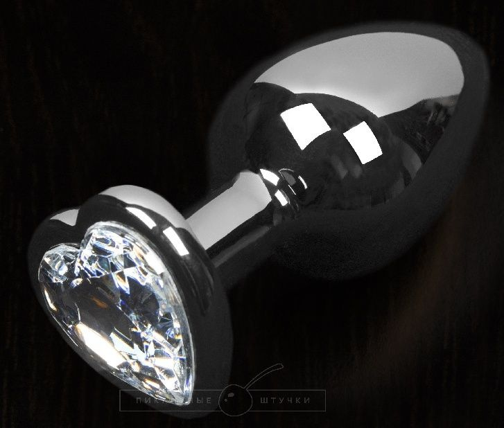 Серая анальная пробка с прозрачным кристаллом в виде сердечка - 8,5 см. купить в секс шопе