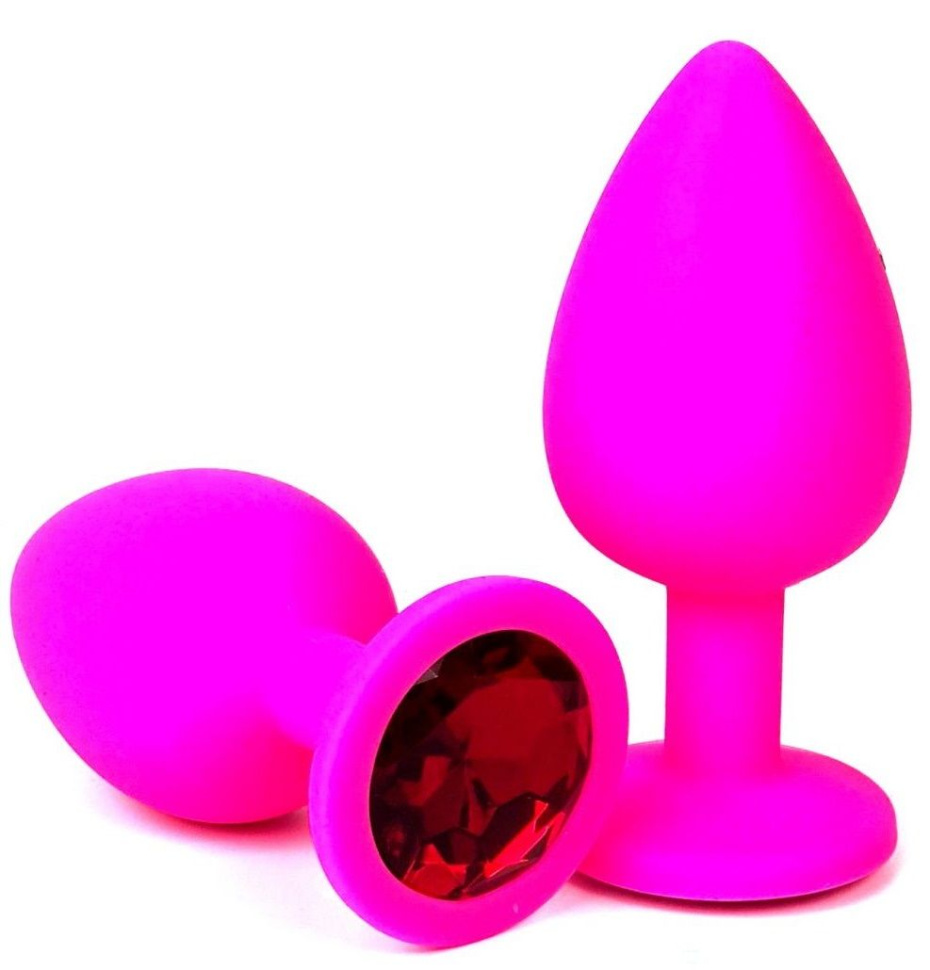 Розовая силиконовая пробка с красным кристаллом - 7 см. купить в секс шопе