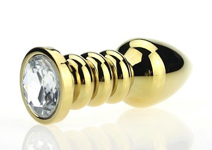 Золотистая фигурная анальная пробка с прозрачным стразом - 10,3 см. купить в секс шопе