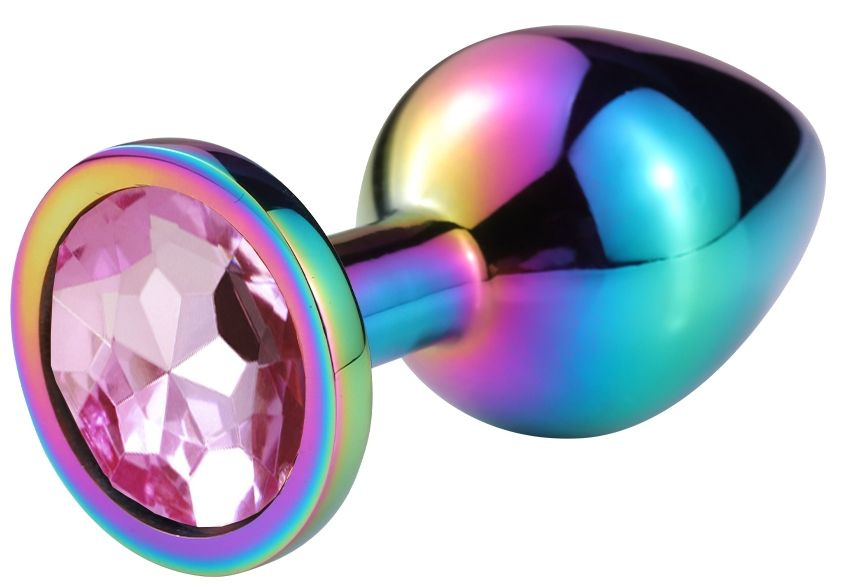 Разноцветная гладкая анальная пробка с нежно-розовым кристаллом - 7,5 см. купить в секс шопе