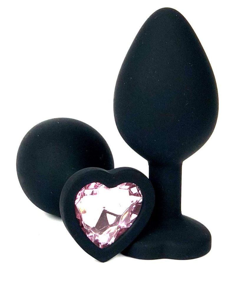 Черная силиконовая пробка с нежно-розовым кристаллом-сердцем - 8,5 см. купить в секс шопе