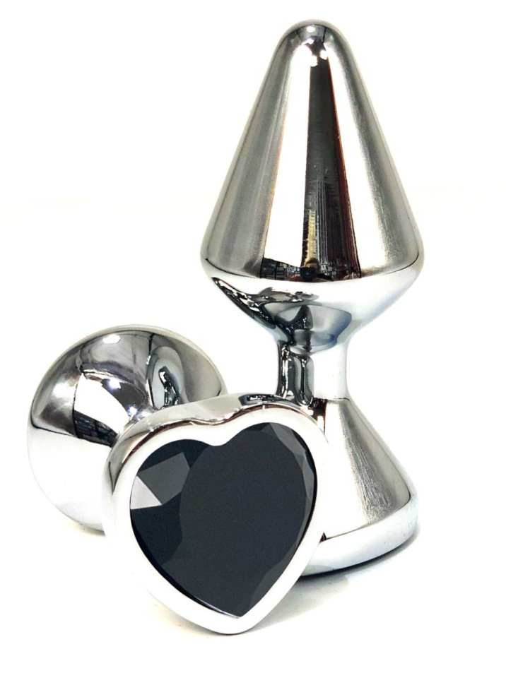 Серебристая анальная пробка с черным кристаллом-сердцем - 8 см. купить в секс шопе