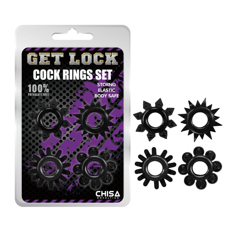 Набор из 4 черных эрекционных колец Get Lock купить в секс шопе