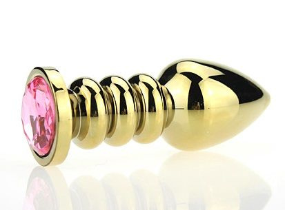 Золотистая фигурная анальная пробка с розовым стразом - 10,3 см. купить в секс шопе