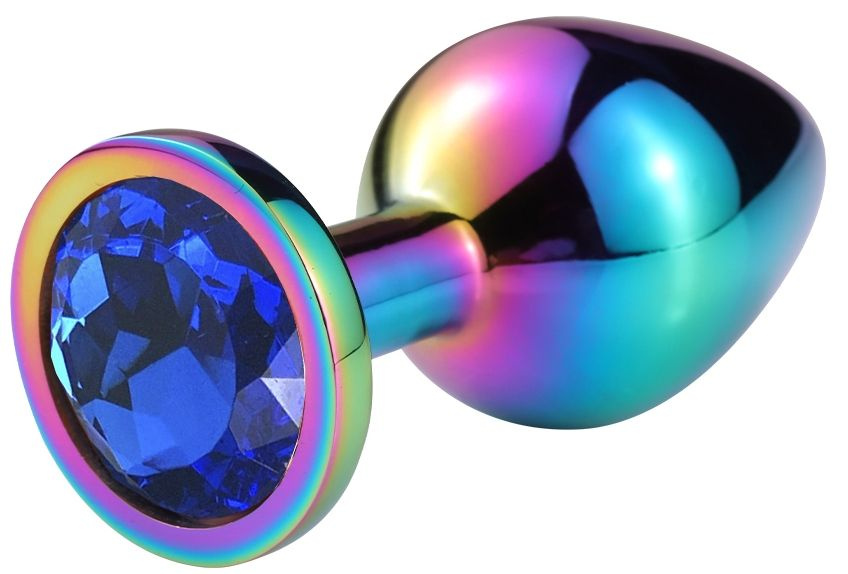 Разноцветная гладкая анальная пробка с синим кристаллом - 6,8 см. купить в секс шопе
