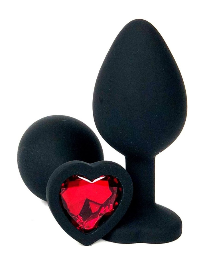 Черная силиконовая пробка с красным кристаллом-сердцем - 8,5 см. купить в секс шопе