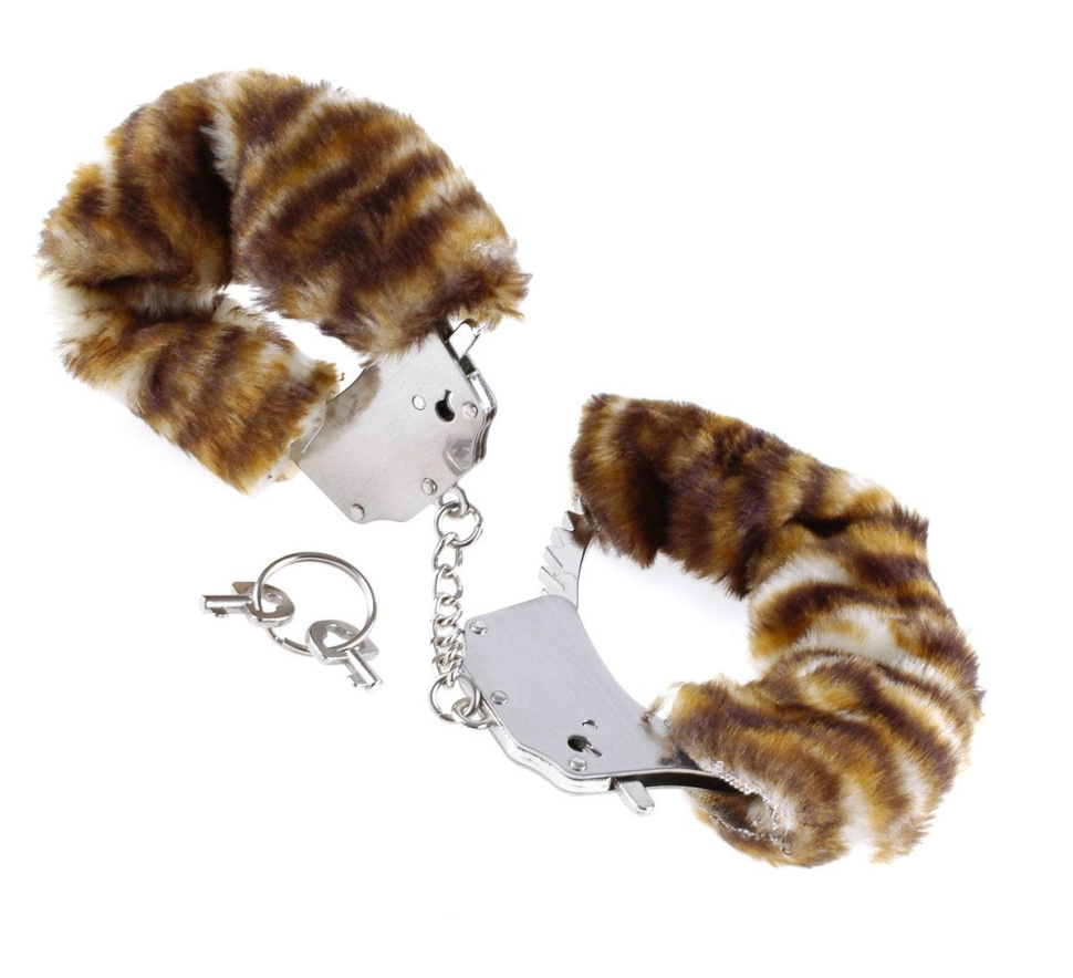 Металлические наручники Original Furry Cuffs с мехом под тигра купить в секс шопе