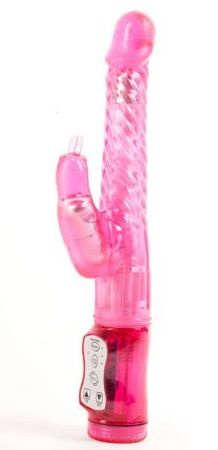 Розовый гнущийся вибратор с клиторальной стимуляцией - 24,5 см. купить в секс шопе