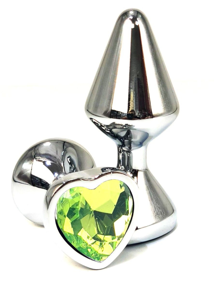 Серебристая анальная пробка с лаймовым кристаллом-сердцем - 8 см. купить в секс шопе