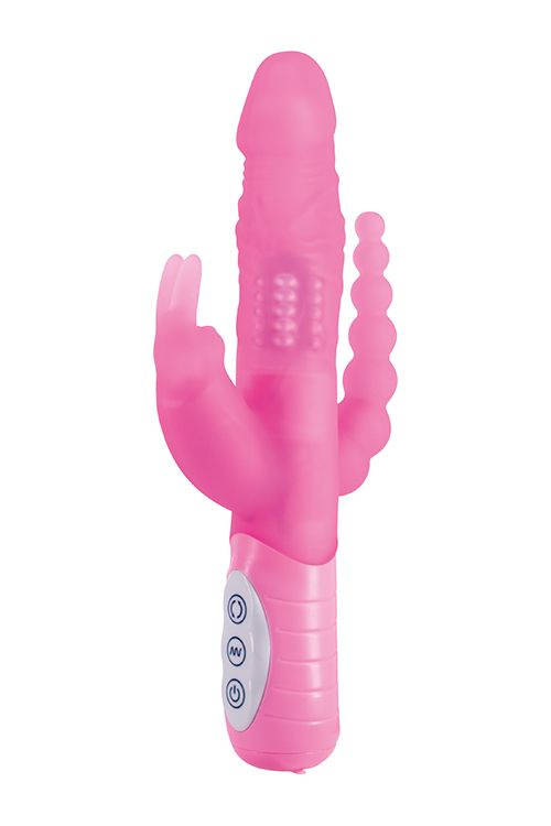 Розовый вибратор-кролик с анальным стимулятором SLIMLINE TRIPLE PLAY - 15,5 см. купить в секс шопе