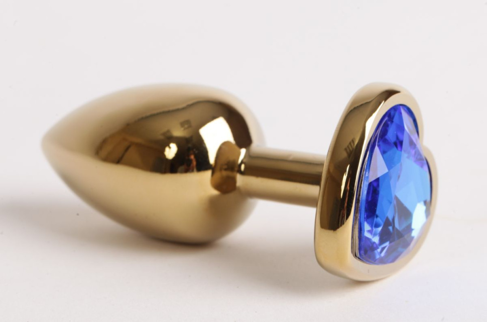 Золотистая анальная пробка с синим стразиком-сердечком - 8 см. купить в секс шопе