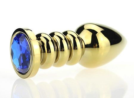 Золотистая фигурная анальная пробка с синим стразом - 10,3 см. купить в секс шопе