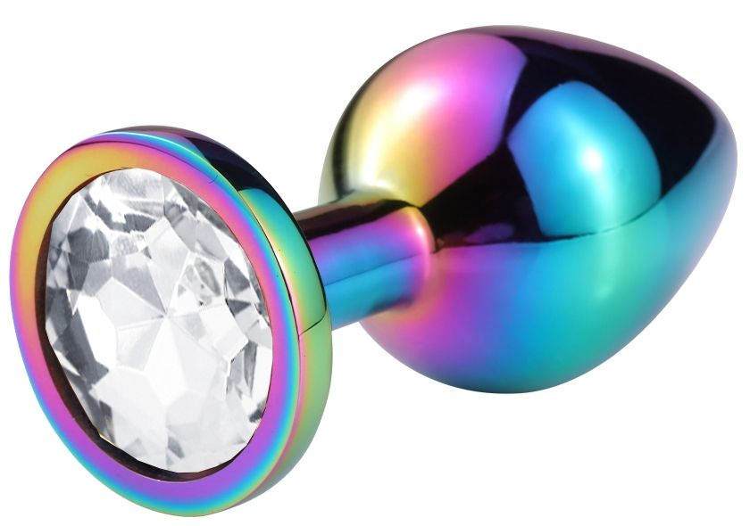 Разноцветная гладкая анальная пробка с прозрачным кристаллом - 7,5 см. купить в секс шопе