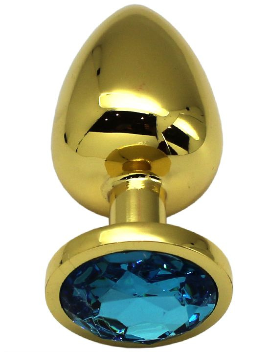 Золотистая анальная пробка с голубым кристаллом - 9 см. купить в секс шопе