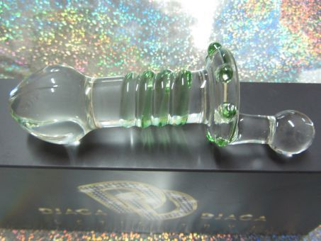 Стеклянная анальная пробка с ручкой и зелёной спиралью - 15 см. купить в секс шопе