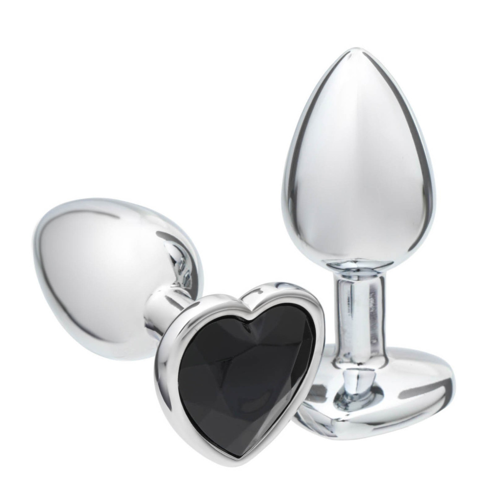 Серебристая анальная пробка с чёрным кристаллом в форме сердца - 7 см. купить в секс шопе