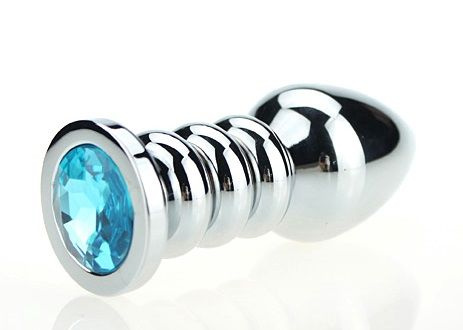 Серебристая фигурная анальная пробка с голубым кристаллом - 10,3 см. купить в секс шопе