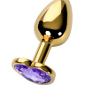Золотистая анальная втулка с фиолетовым кристаллом-сердечком - 7 см. купить в секс шопе