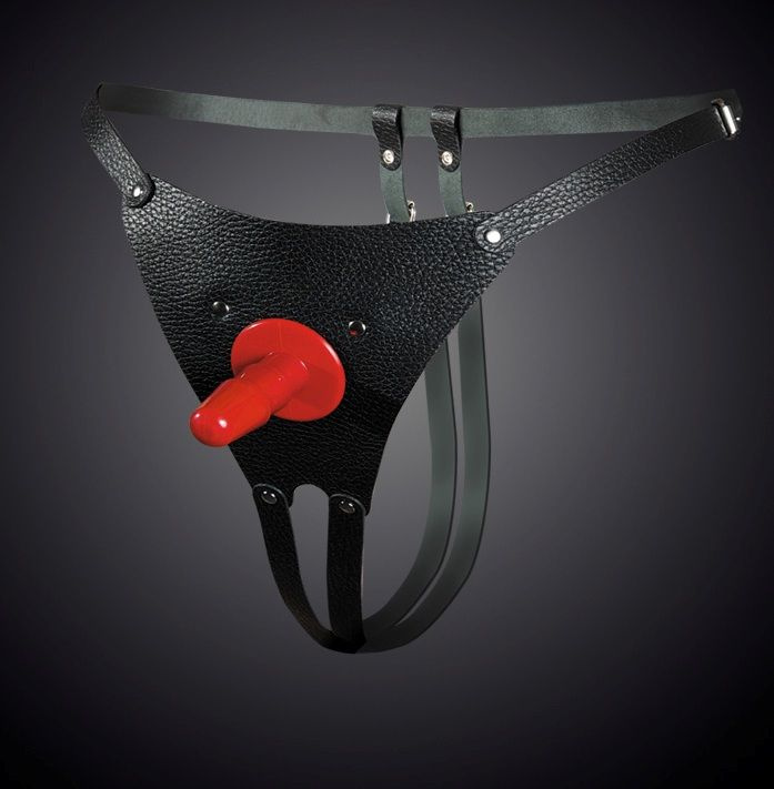 Чёрные кожаные универсальные трусики со штырьком для насадок  купить в секс шопе