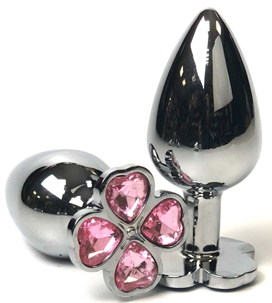 Серебристая анальная втулка с клевером из нежно-розовых кристаллов - 9 см. купить в секс шопе