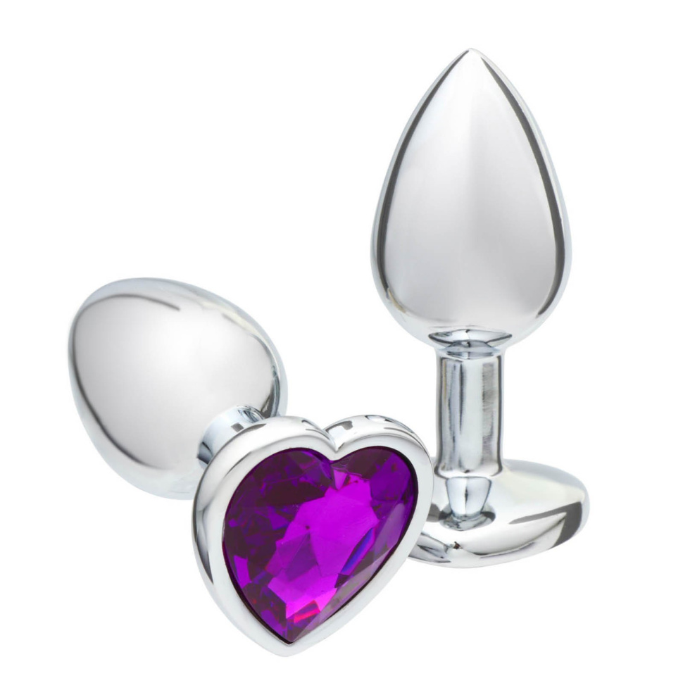 Серебристая анальная пробка с фиолетовым кристаллом в форме сердца - 7 см. купить в секс шопе