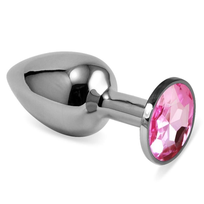Серебристая анальная пробка с розовым кристаллом размера M - 8 см. купить в секс шопе