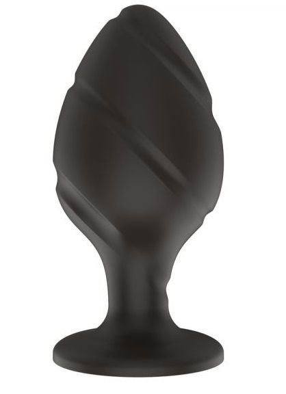 Черная малая силиконовая анальная пробка с ложбинками по диагонали купить в секс шопе