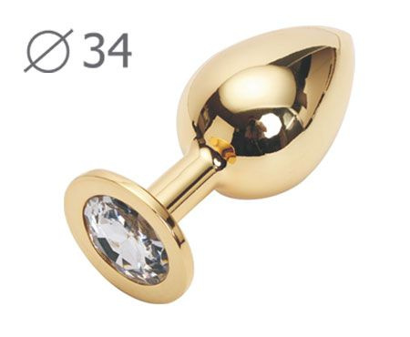 Коническая золотистая анальная втулка с прозрачным кристаллом - 8,2 см. купить в секс шопе