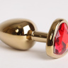 Золотистая анальная пробка с красным стразиком-сердечком - 7,5 см. купить в секс шопе