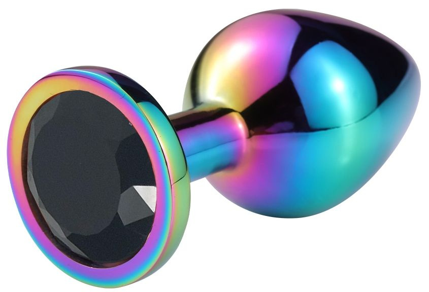 Разноцветная гладкая анальная пробка с черным кристаллом - 8 см. купить в секс шопе