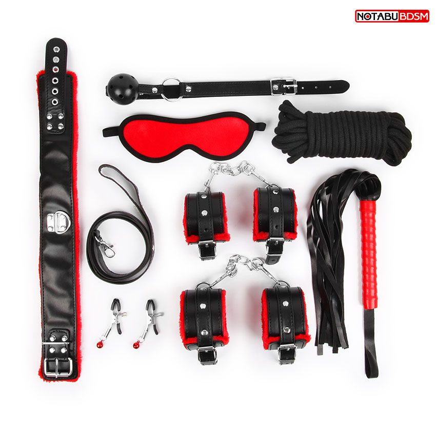 Стильный черно-красный набор БДСМ: маска, кляп, зажимы, плётка, ошейник, наручники, оковы, верёвка купить в секс шопе