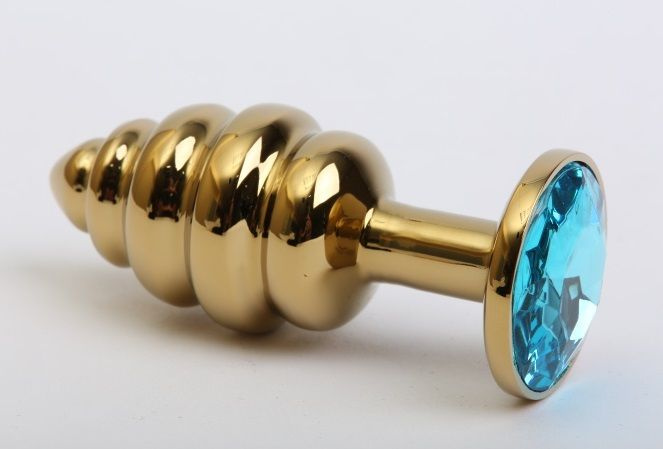 Золотистая рифлёная пробка с голубым стразом - 8,2 см. купить в секс шопе