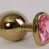 Золотистая анальная пробка с розовым стразиком-сердечком - 7,5 см. купить в секс шопе