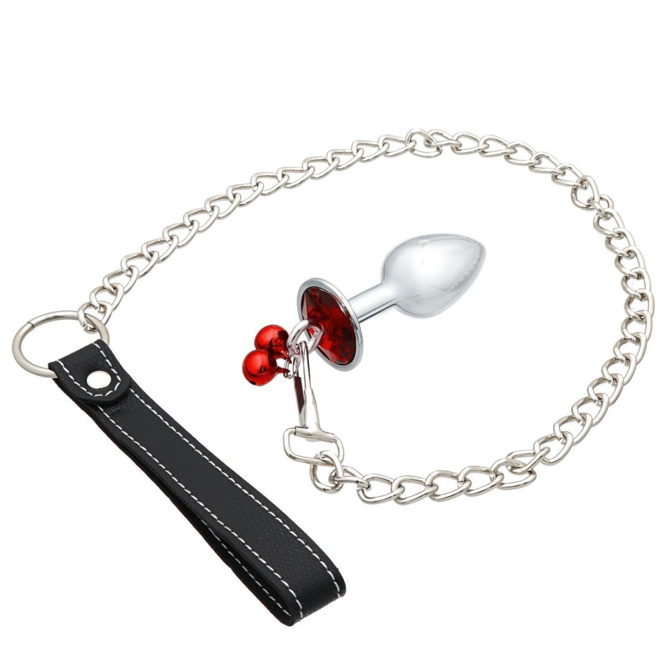 Серебристая анальная пробка с колокольчиками, красным кристаллом и поводком купить в секс шопе
