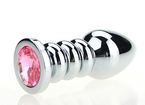 Серебристая фигурная анальная пробка с розовым кристаллом - 10,3 см. купить в секс шопе