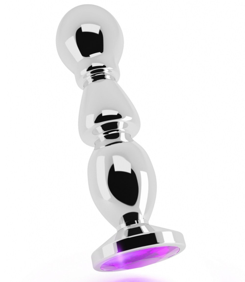 Серебристая фигурная анальная пробка с фиолетовым кристаллом - 14 см. купить в секс шопе
