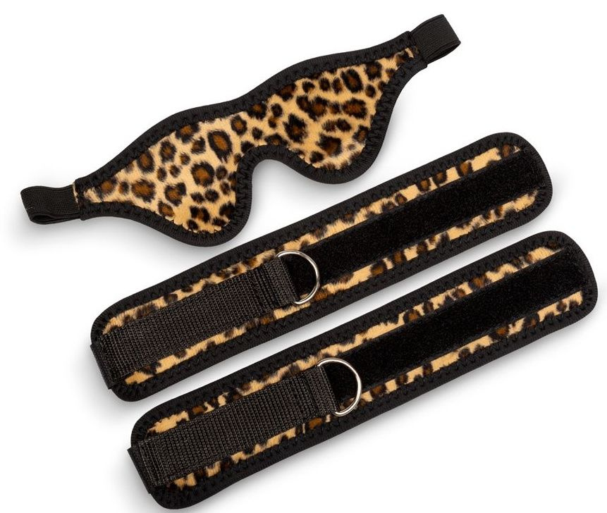 Черно-леопардовый комплект: наручники на липучке и маска без прорезей купить в секс шопе
