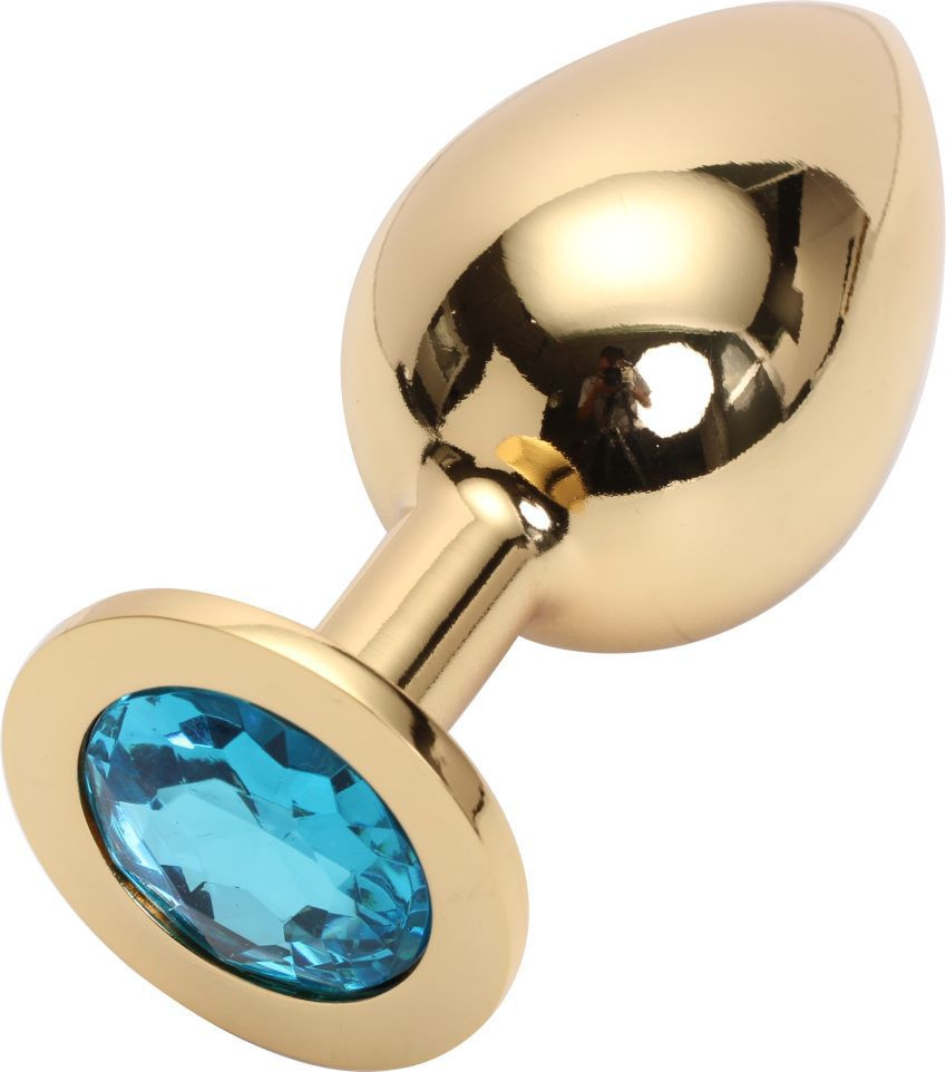 Золотистая анальная пробка GOLDEN PLUG Large с голубым кристаллом - 9,5 см. купить в секс шопе