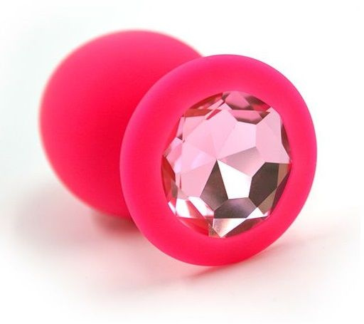 Розовая силиконовая анальная пробка с розовым кристаллом - 8,3 см. купить в секс шопе