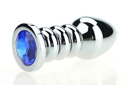 Серебристая фигурная анальная пробка с синим кристаллом - 10,3 см. купить в секс шопе