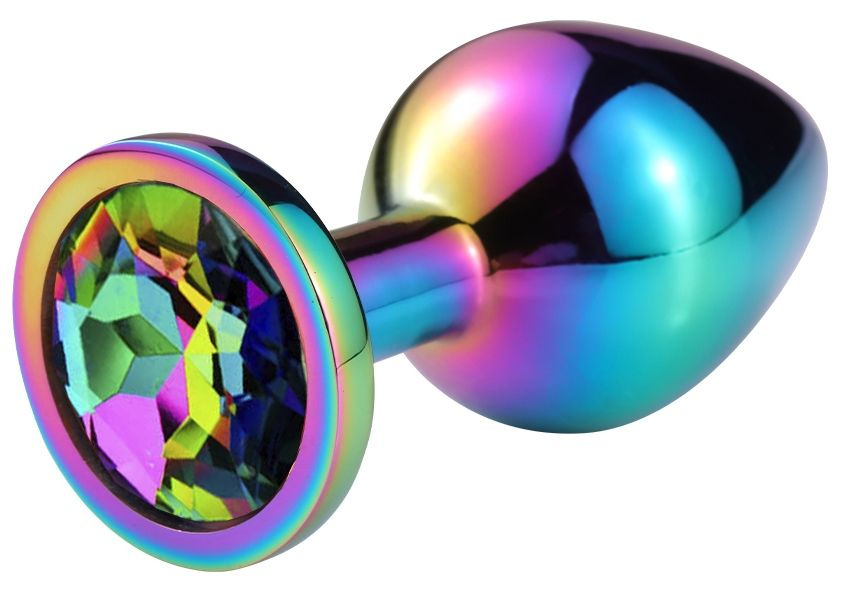 Разноцветная гладкая анальная пробка с радужным кристаллом - 7 см. купить в секс шопе