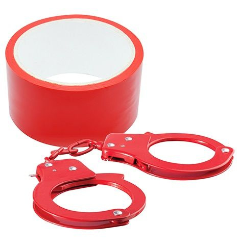 Набор для фиксации BONDX METAL CUFFS AND RIBBON: красные наручники из листового материала и липкая лента купить в секс шопе