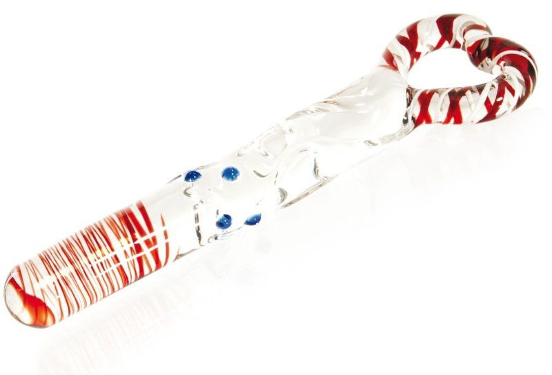 Стеклянный фаллоимитатор с цветными вкраплениями и ручкой в виде сердца - 20 см. купить в секс шопе