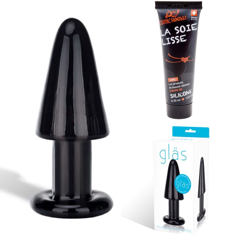 Smart Set №16: чёрный стеклянный анальный плаг и силиконовый лубрикант  купить в секс шопе