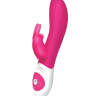 Ярко-розовый вибромассажёр The Come Hither Rabbit с клиторальным отростком - 22 см. купить в секс шопе