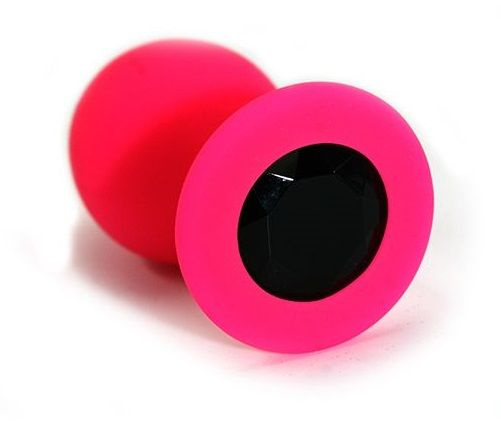 Розовая силиконовая анальная пробка с черным кристаллом - 7 см. купить в секс шопе